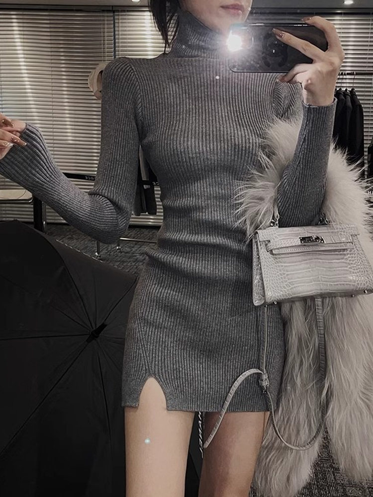 Bodycon Long Sleeve Ribbed Dress - Women Bodycon Mini Knit Dress Turtleneck