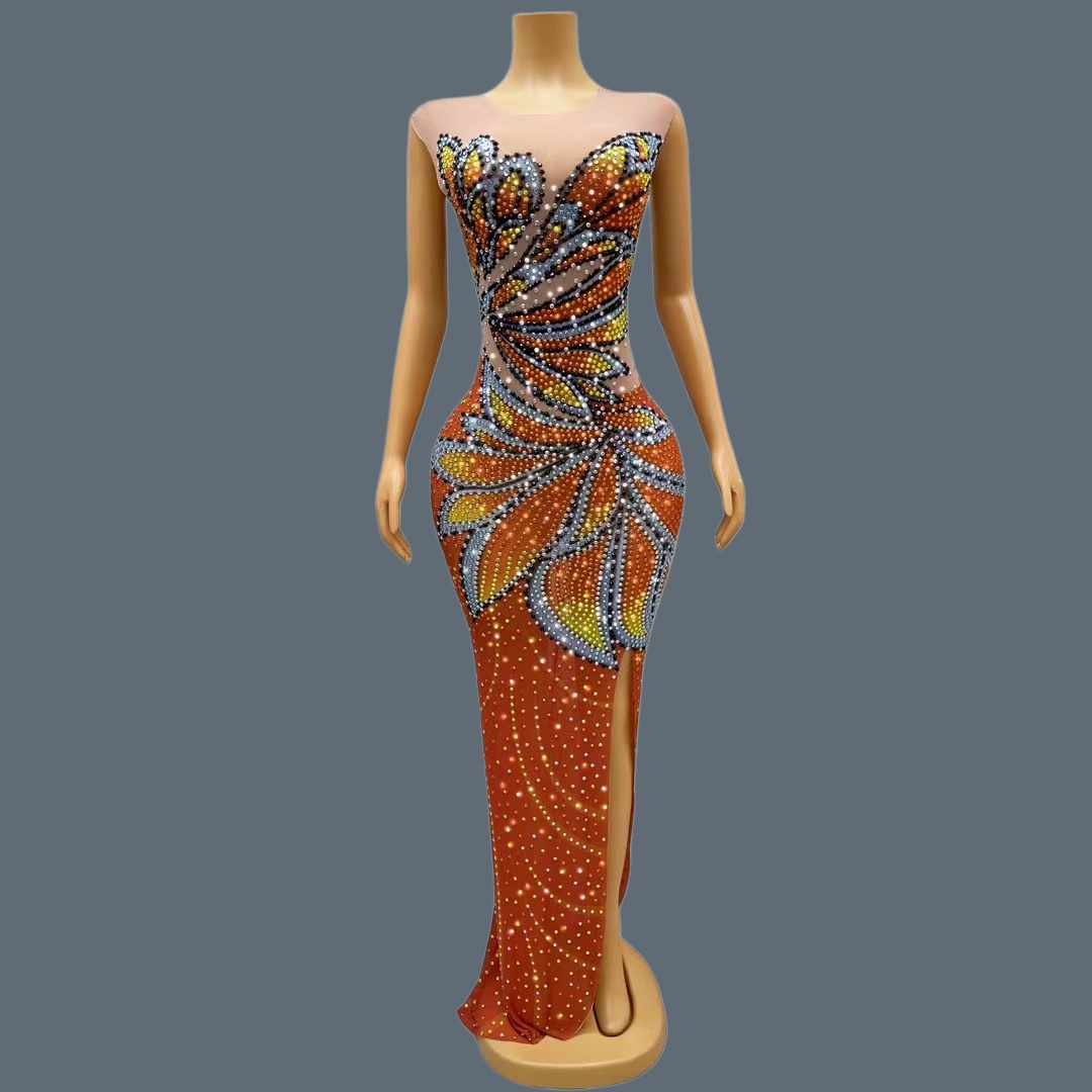 Sparkly Rhinestone Club Party Dress - Women Sleeveless Mesh Maxi Dress Monarch