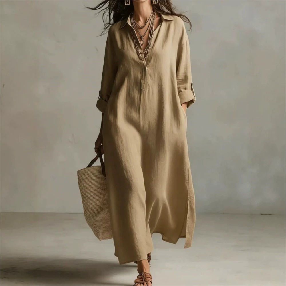 Casual Loose Linen Shirt Dress - Women Vintage Linen Shirt Dress Lapel