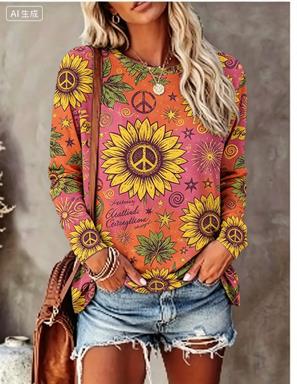 Blouses - Women Long Sleeve T‑Shirt Hippie Daisy