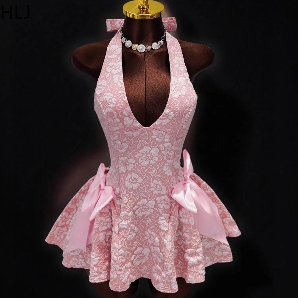 Y2K Backless Halter Mini Dress - HLJ Y2K Sexy Jacquard Patchwork Bodycon