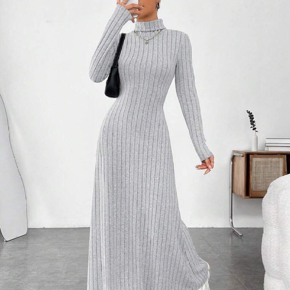 Elegant Autumn High Collar Lon - Bodycon Long Sleeve Ribbed Dress review and price