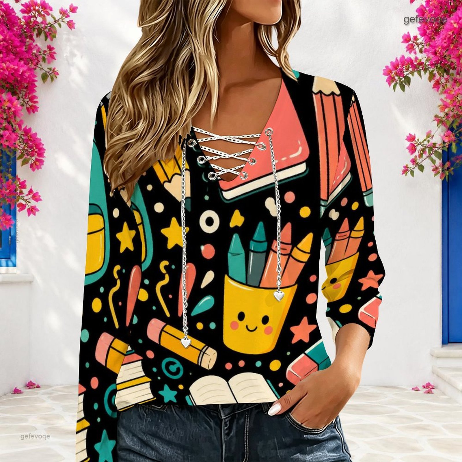 Women V Neck Long Sleeve Top M - Blouses review and price