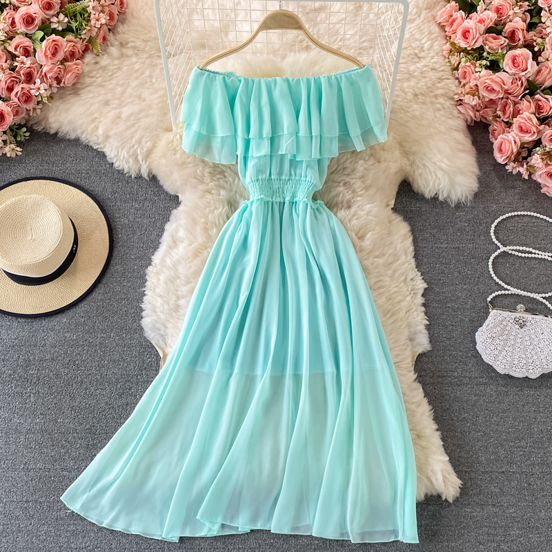 Yellow Solid Women's Beach Dre - Off Shoulder Puff Sleeve Sundress review and price