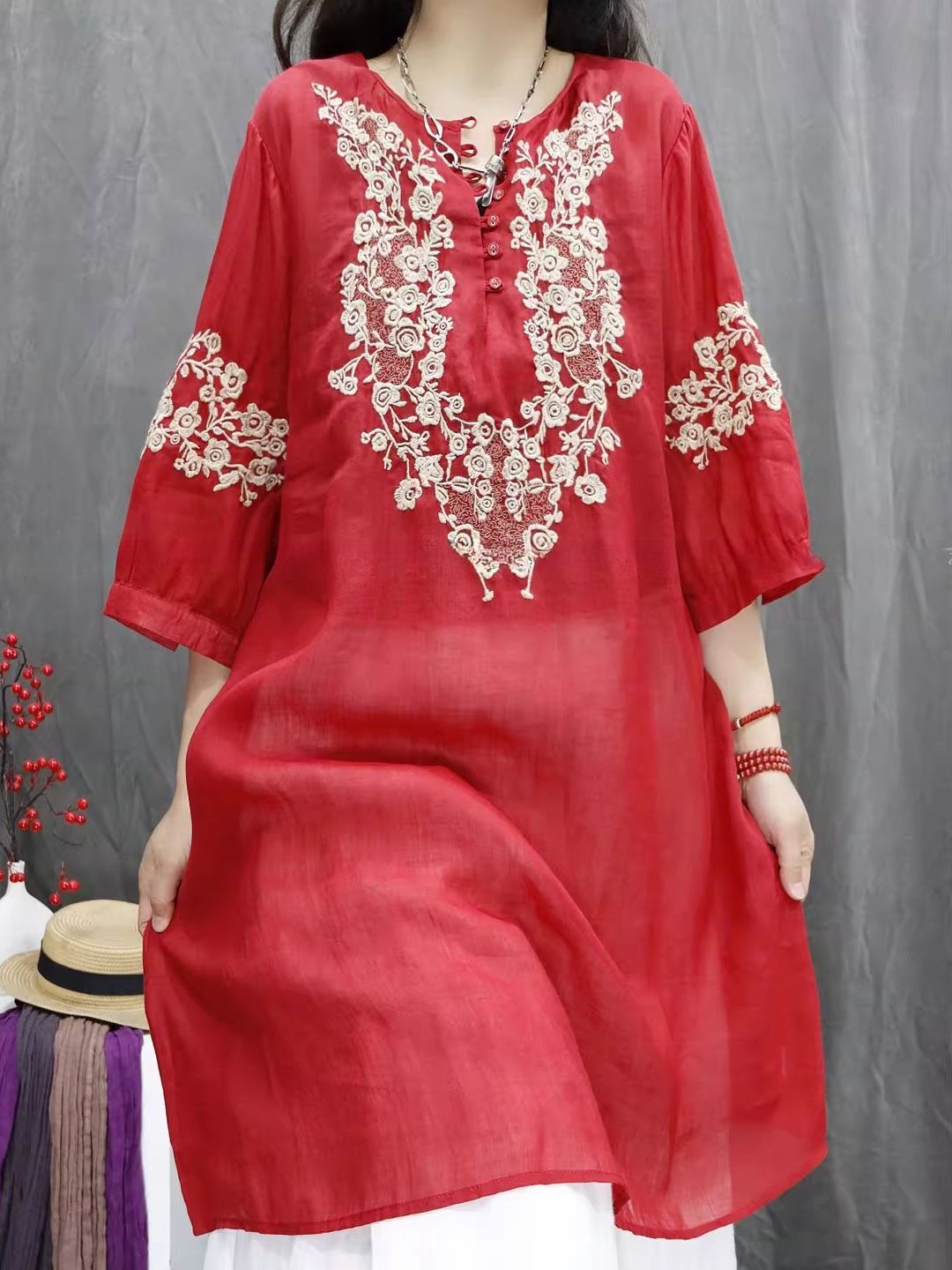 Retro Cotton Linen Embroidered - Casual Loose Linen Shirt Dress review and price