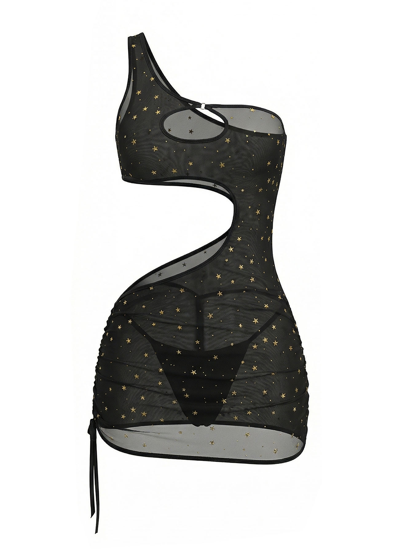 Black One‑Shoulder Star Print  - Sexy Mesh Sheer Bodycon Dress review and price