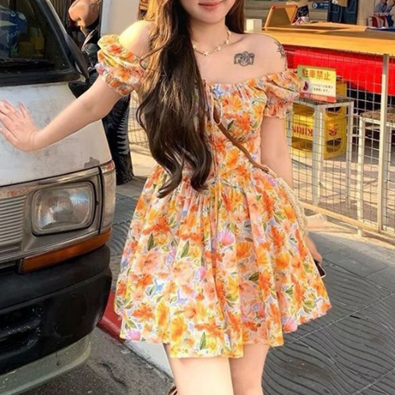 2026 new Orange Floral Print O - Off Shoulder Puff Sleeve Sundress review and price