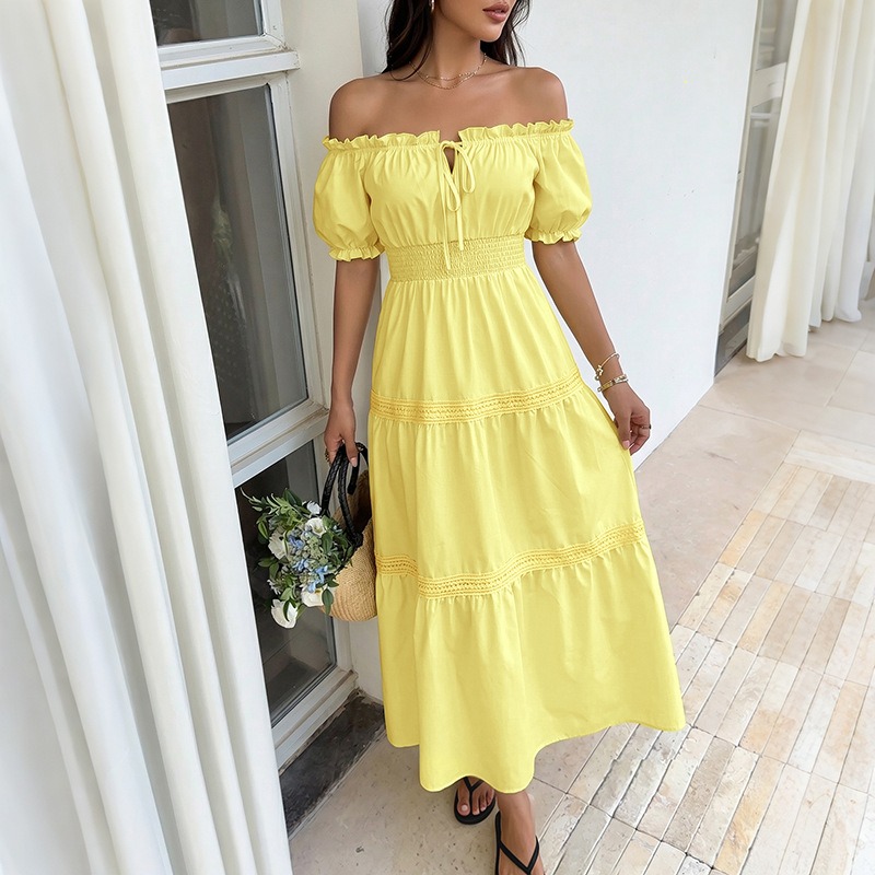 Summer Bohemian Women Yellow O - Off Shoulder Puff Sleeve Sundress review and price