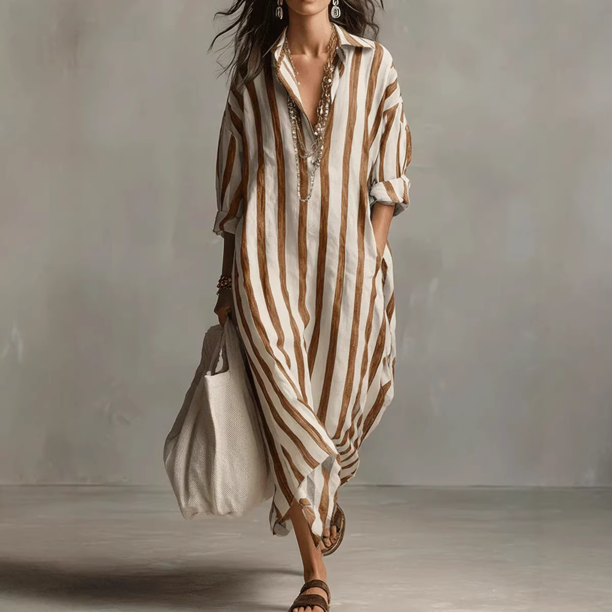 Summer Elegant Turn Down Colla - Casual Loose Linen Shirt Dress review and price