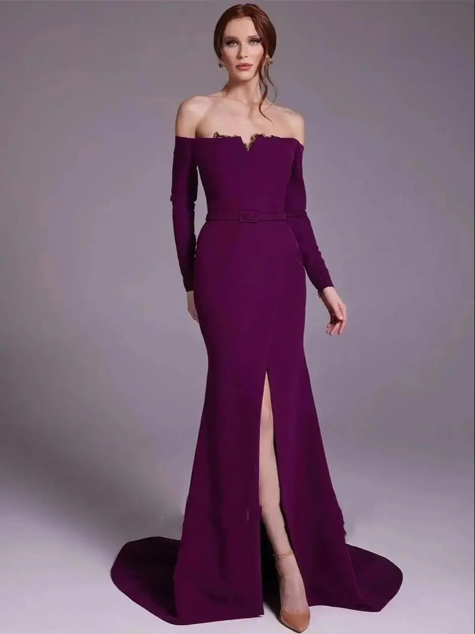 Elegant Purple Satin Off-the-s - Elegant Satin Evening Gown Split review and price