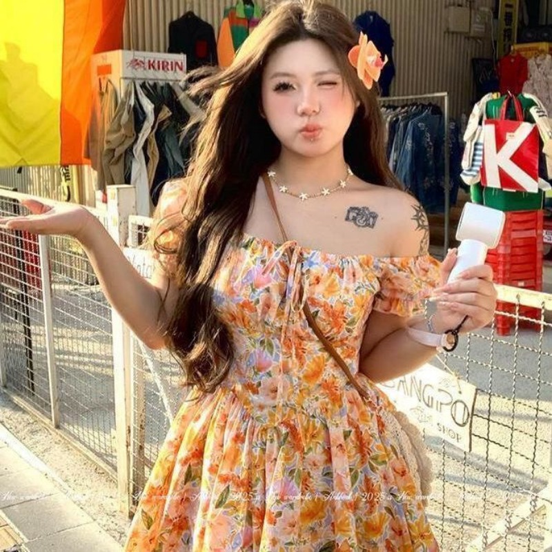 Hotsale Orange Floral Print Of - Off Shoulder Puff Sleeve Sundress review and price